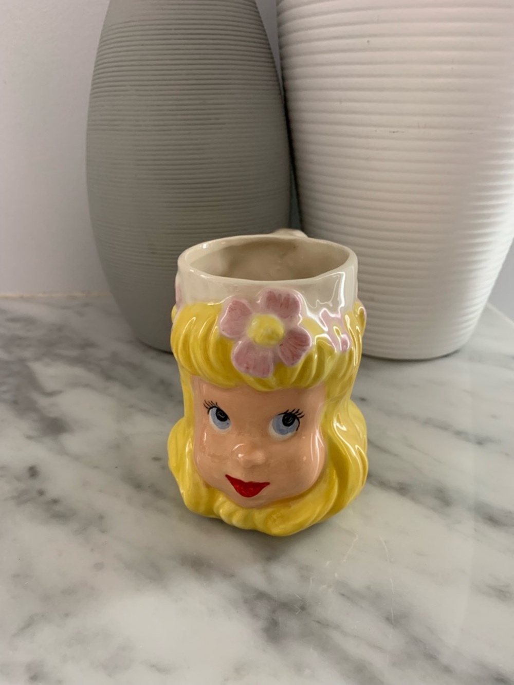 Vintage 1950s Ceramic Blonde Girl Mug - Yellow Hair with Pink Flowers